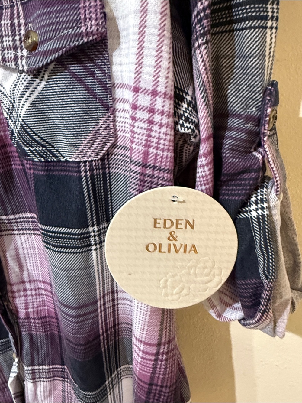 Eden & Olivia Pink, Charcoal & White Plaid Roll-Tab Flannel Shirt - Picture 3 of 8